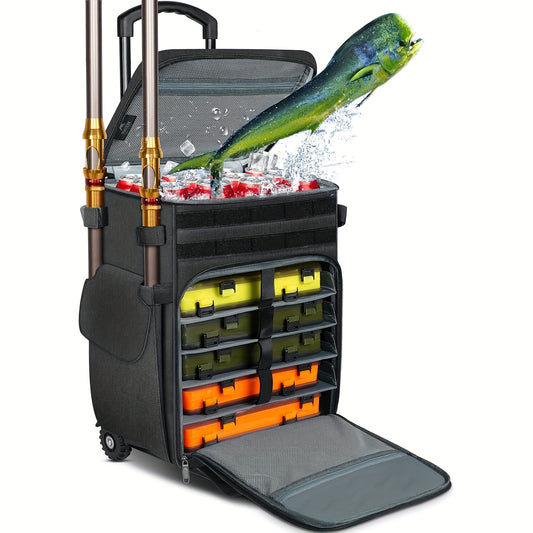 Rolling Tackle Box With Cooler And Wheels For Fishing Gear