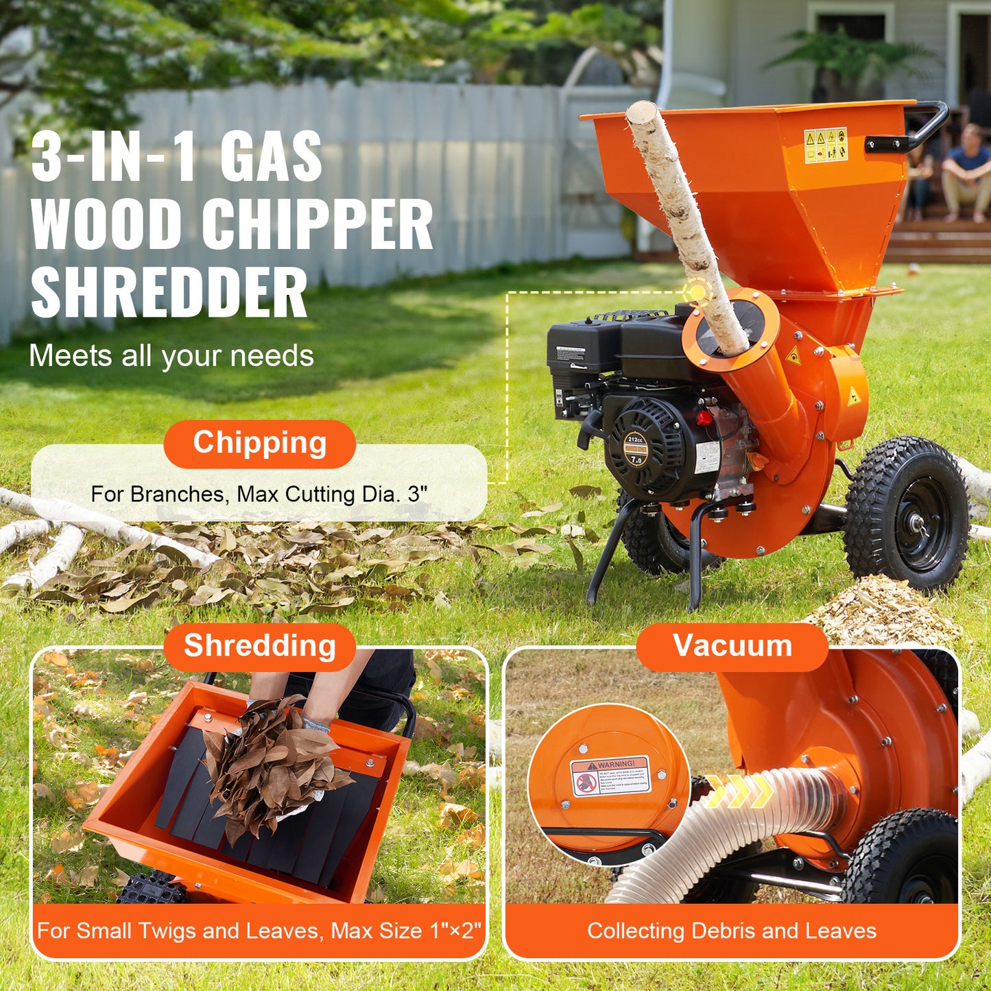 VEVOR Wood Chipper Shredder Mulcher Three In One Gas Power