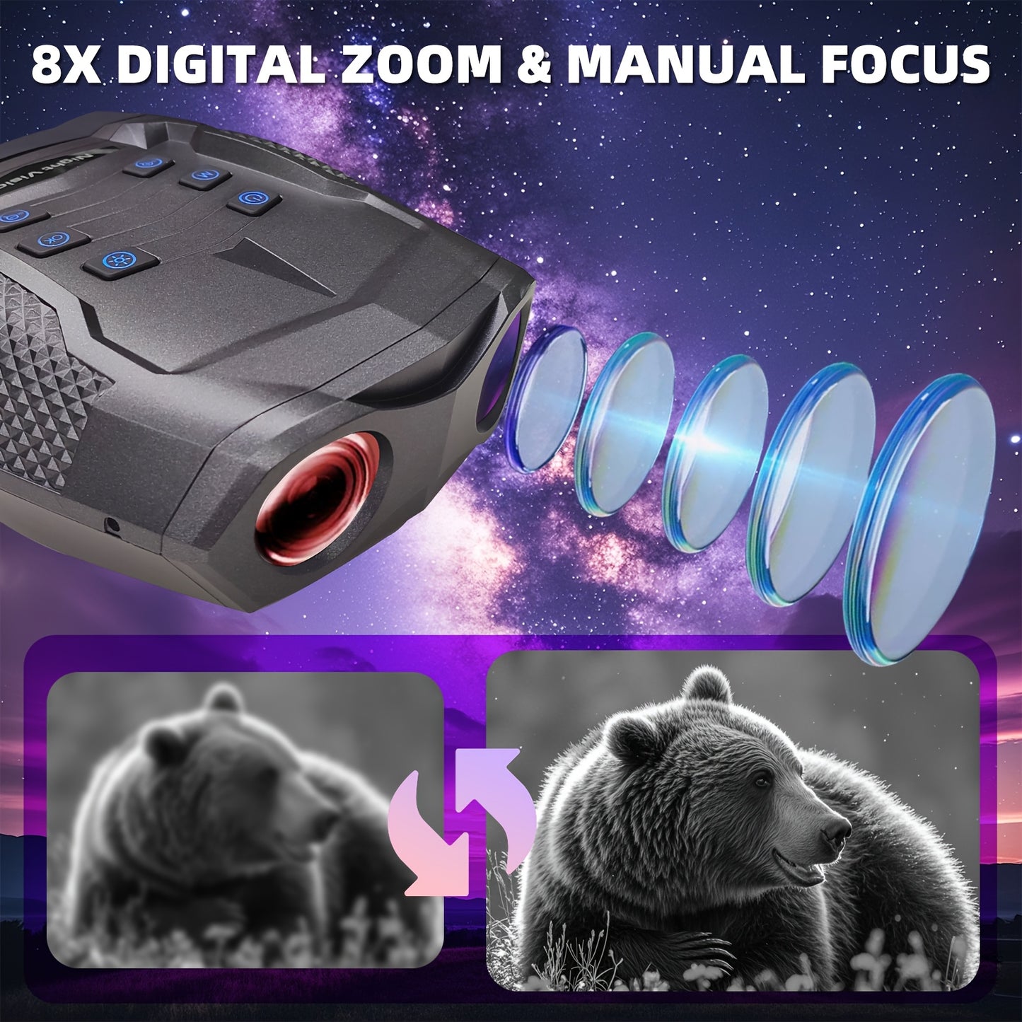 4K Night Vision Binoculars for Adults - 3" HD Screen, 8X Digital Zoom, 32GB Card, 5000mAh Rechargeable, Infrared Goggles with Adjustable Magnification & Wide Field of View for Hunting, Farm Monitoring, Outdoor Adventures, Bin