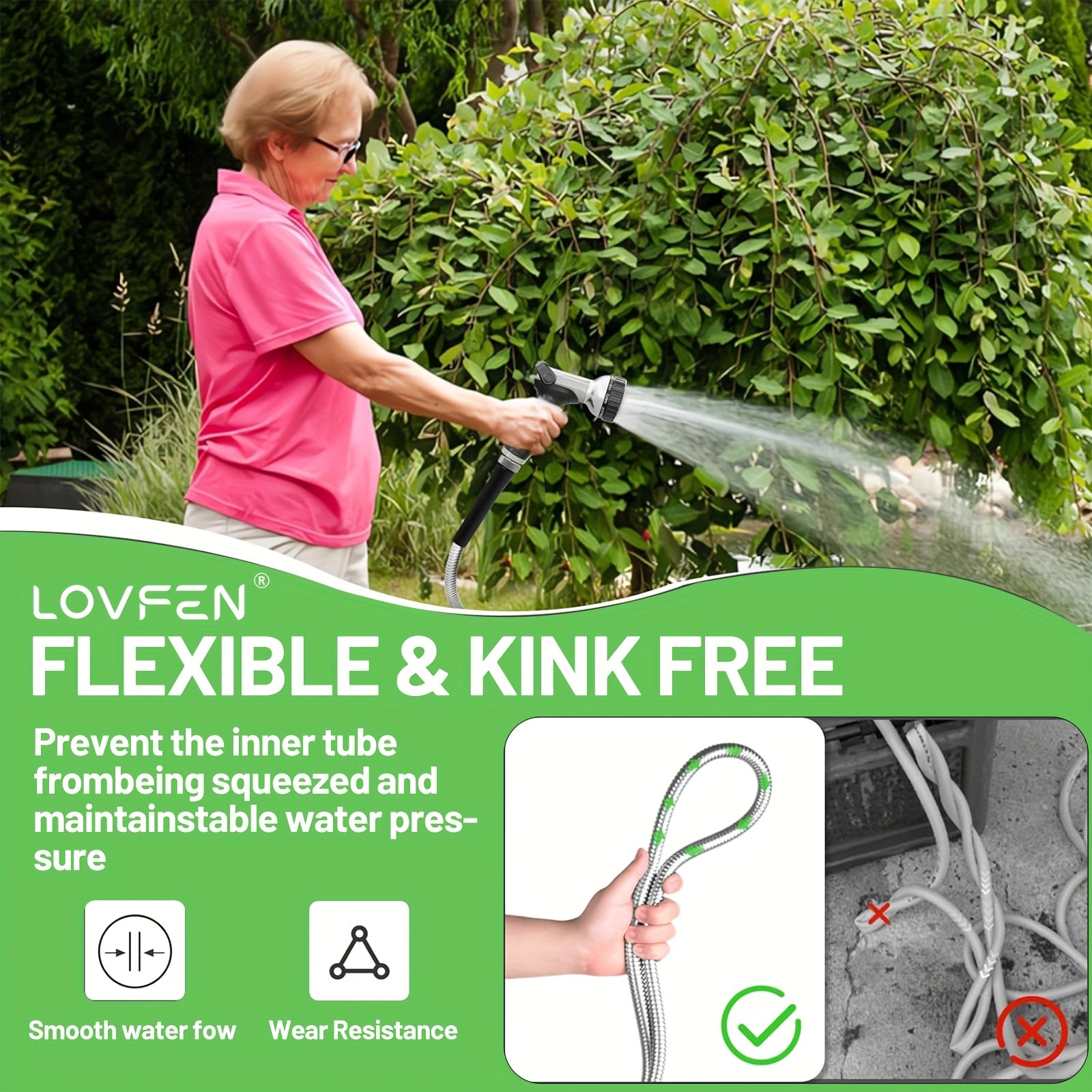 Stainless Steel Flexible Garden Hose with Green Spray Nozzle - Parry's Picks