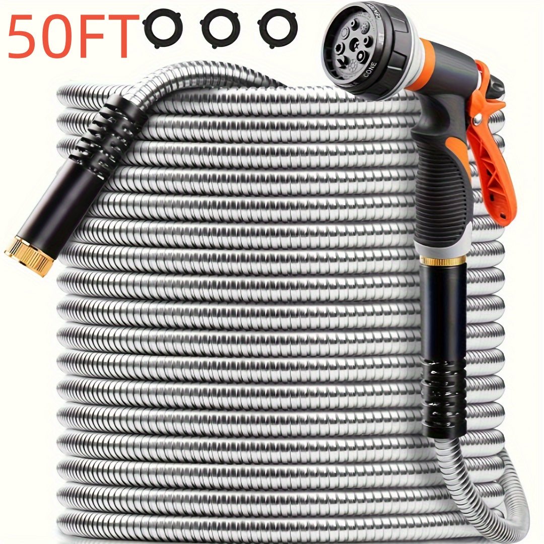 Heavy-Duty Stainless Steel Garden Hose With Multi-Function Nozzles - Parry's Picks