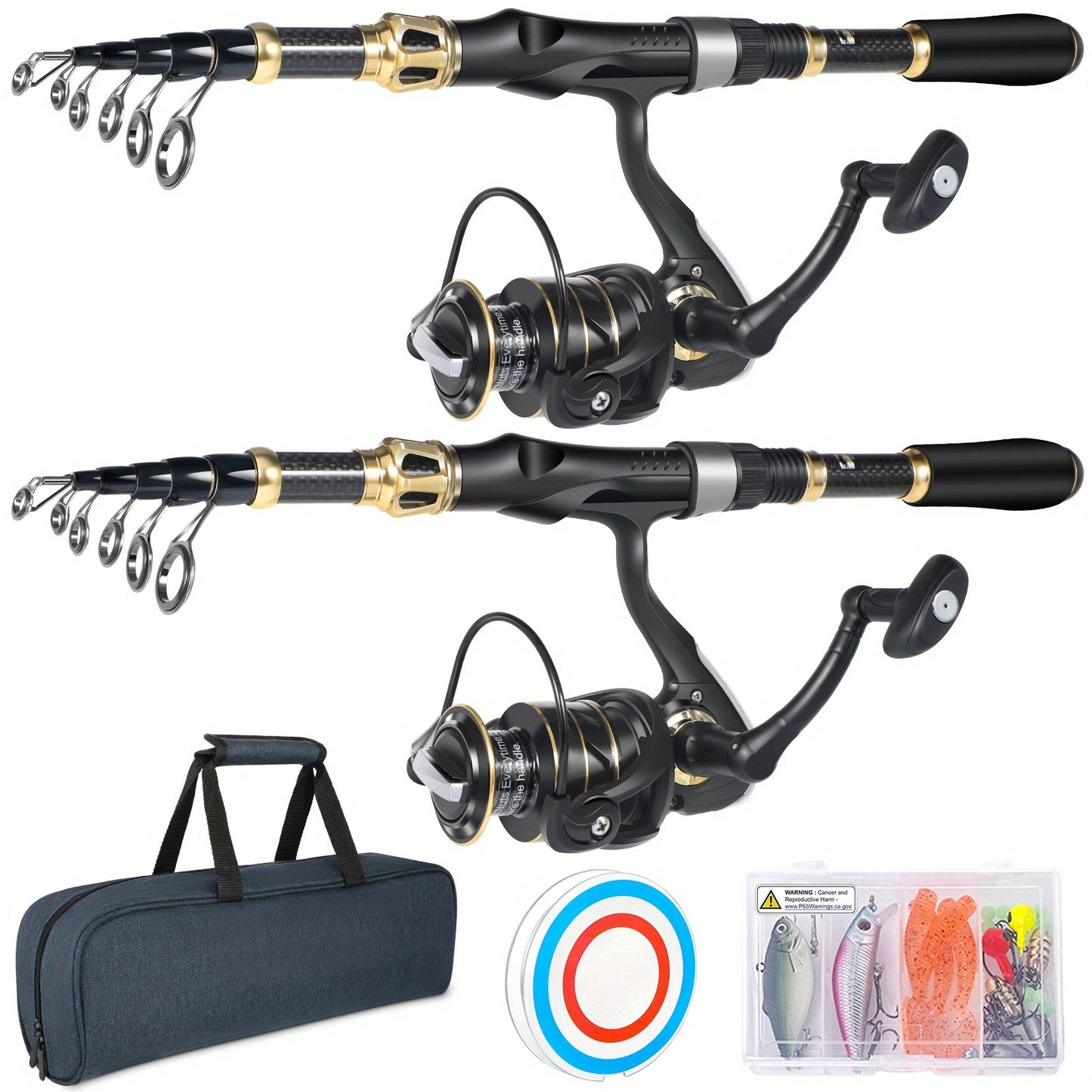 Two-Pack Telescopic Fishing Rod Kit With Carrier Bag Spinning Reel