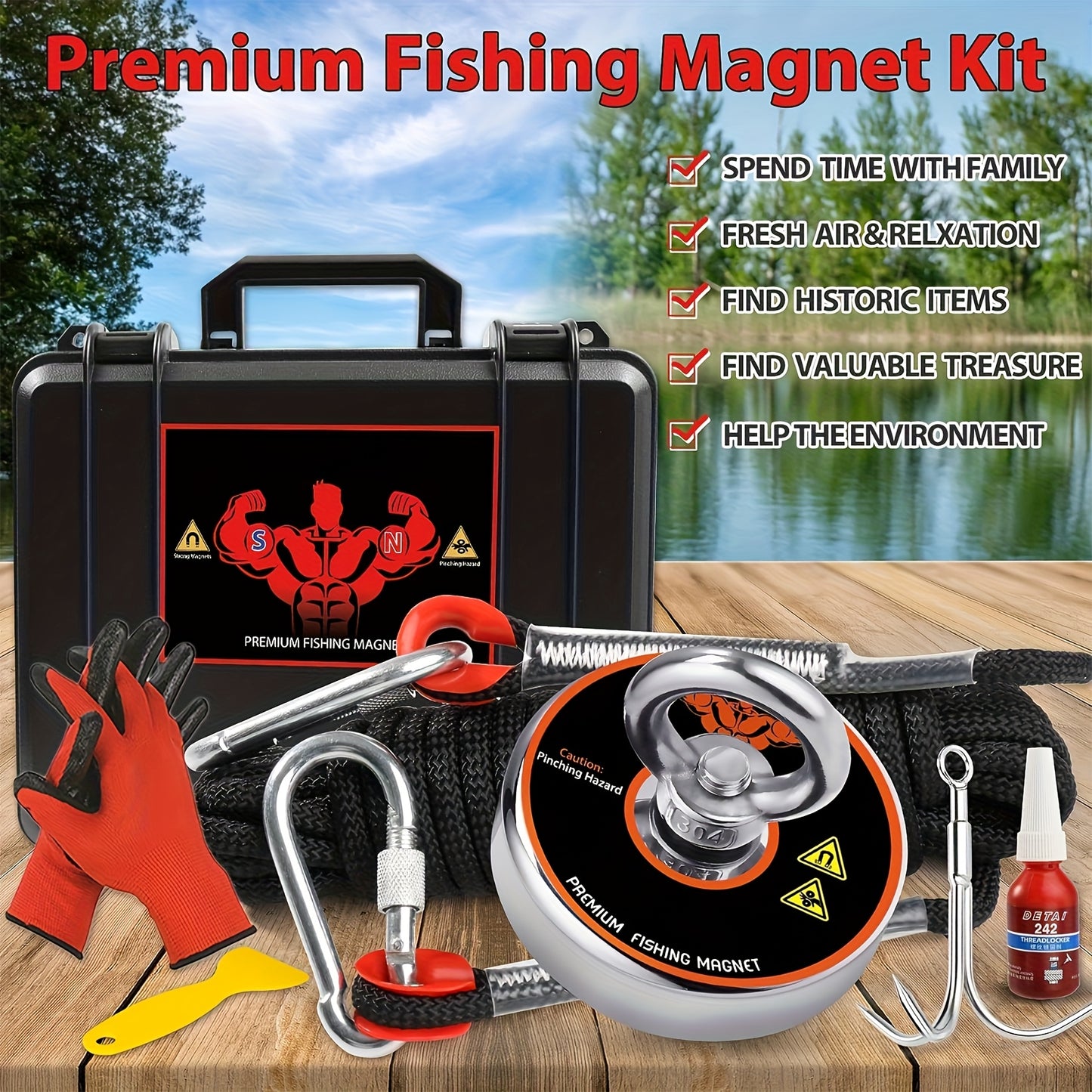 Heavy Duty Magnet Fishing Kit 1500 LBS Pulling Force Case