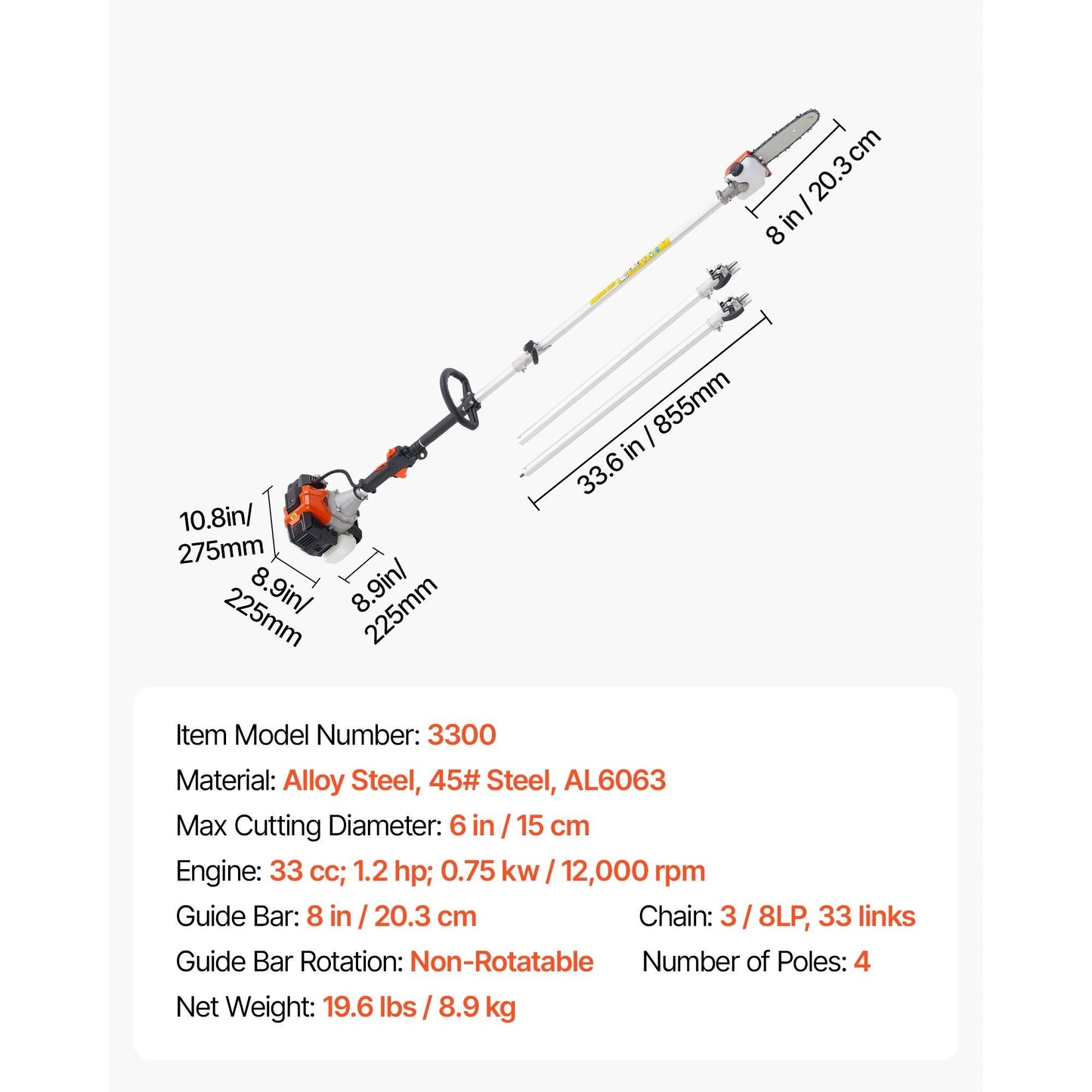 Gas Pole Saw With Extendable Pole For Tree Trimming