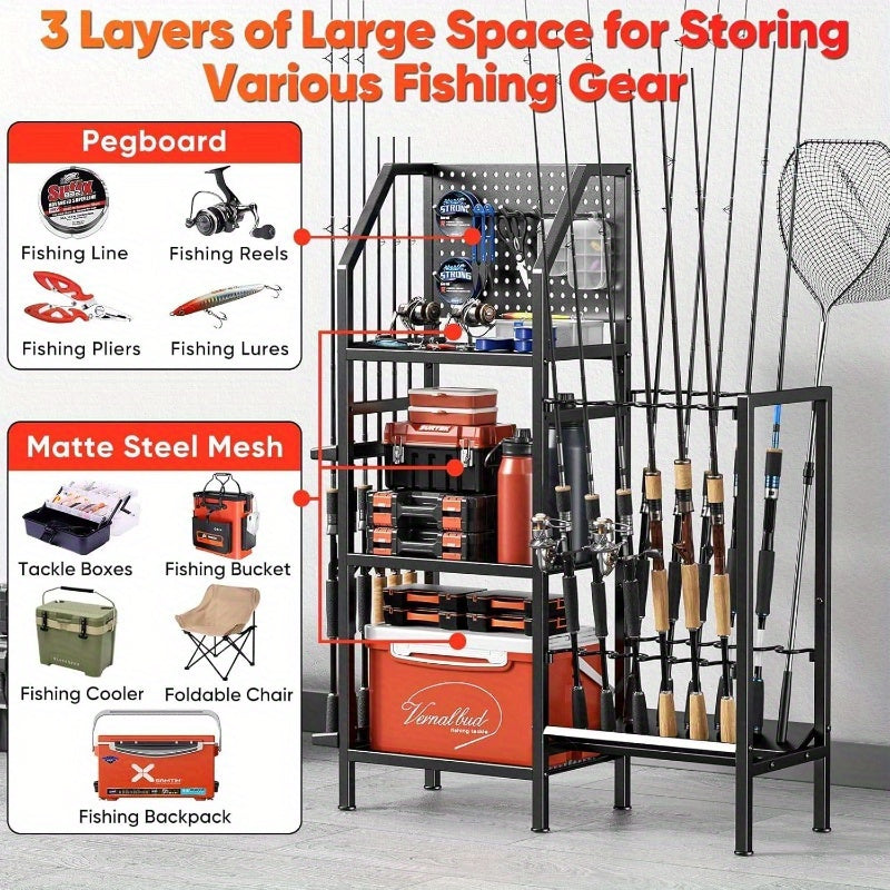 Heavy Duty Metal Fishing Rod Rack 18 Rod Organizer 3 Tier