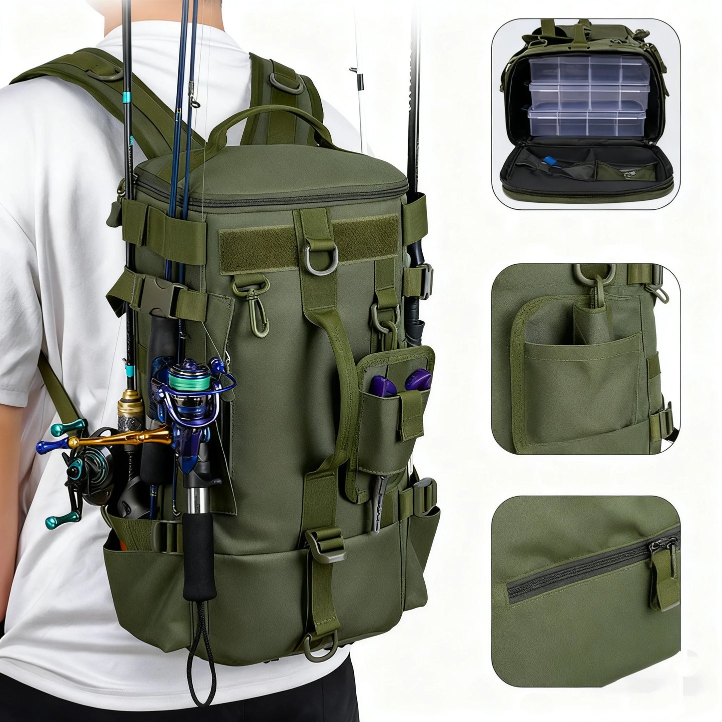 Multifunctional Fishing Backpack Tackle Bag With Rod Holders Waterproof Nylon