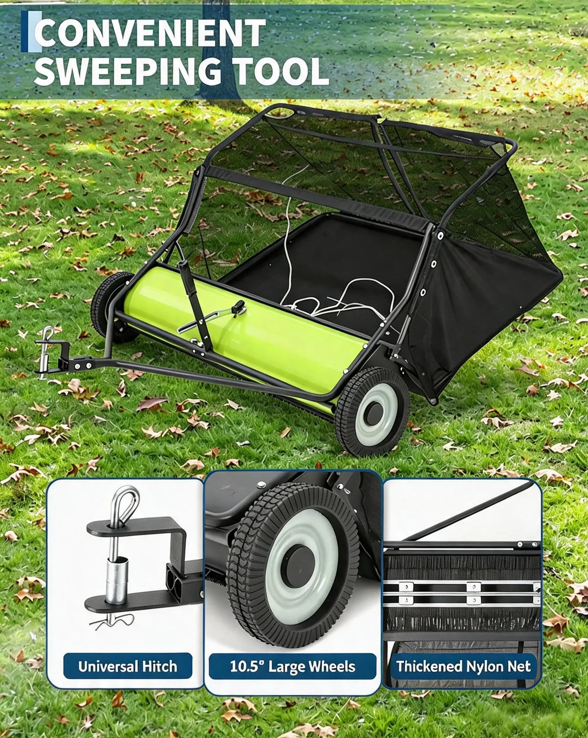 HiMISS Heavy Duty Tow Behind Lawn Sweeper and Leaf Collector - Parry's Picks