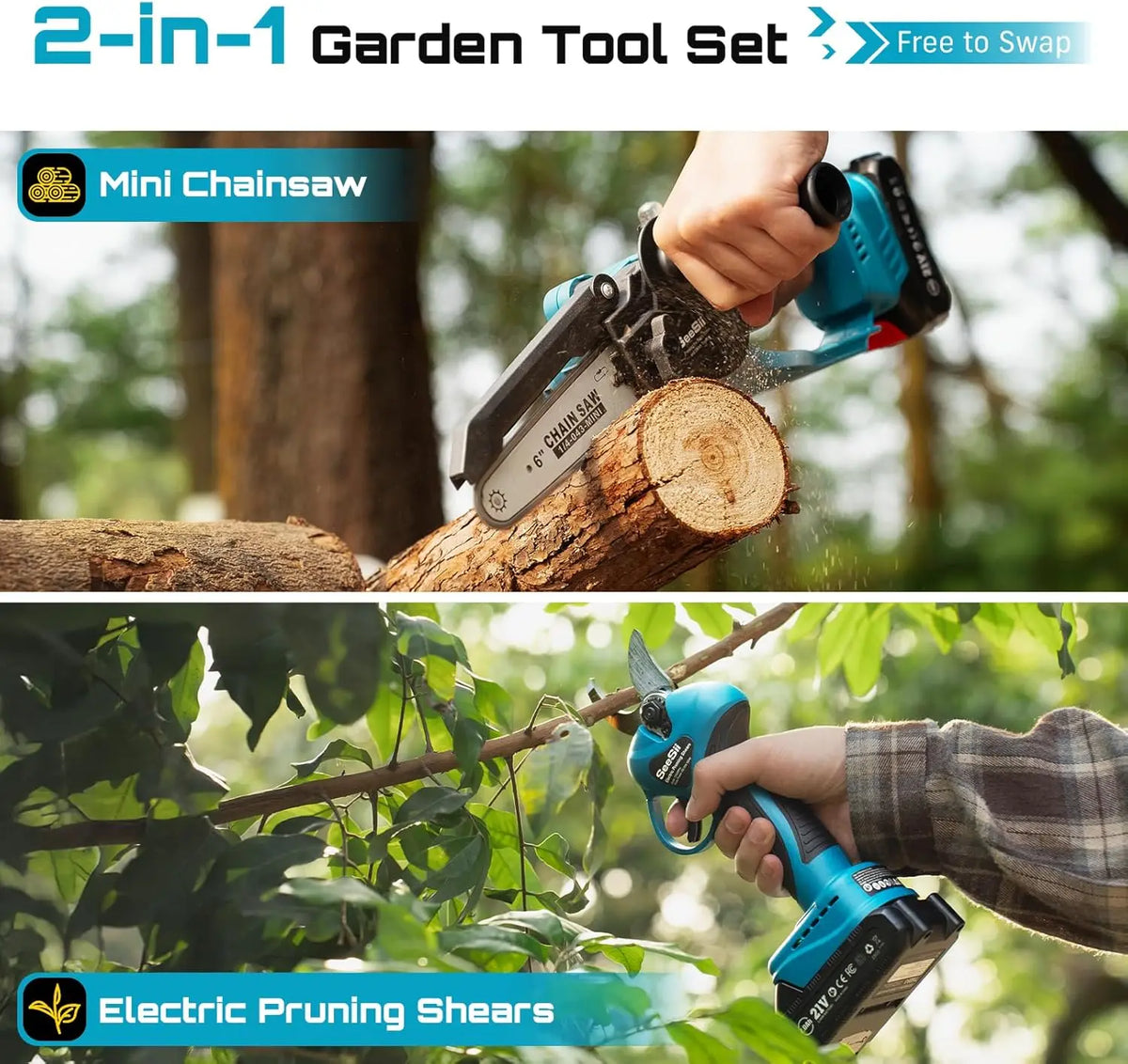 Seesii Cordless Brushless Mini Chainsaw and Pruning Shears Combo - Parry's Picks