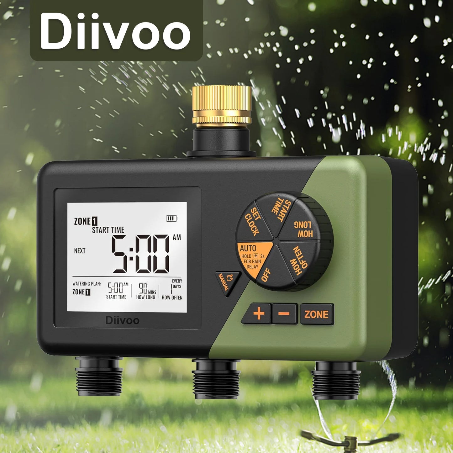 Diivoo 3 Zone Garden Water Timer Brass Inlets Programmable Irrigation