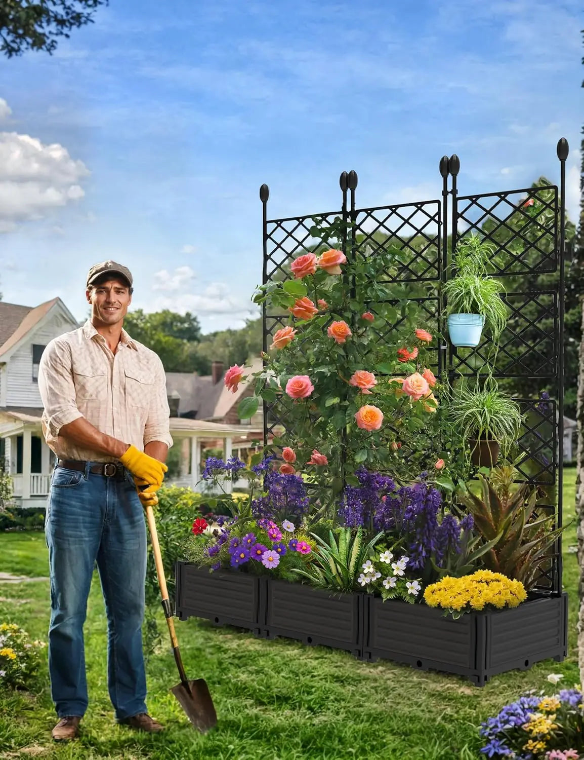 Outdoor Raised Planter Box With Trellis For Climbing Plants And Vegetables