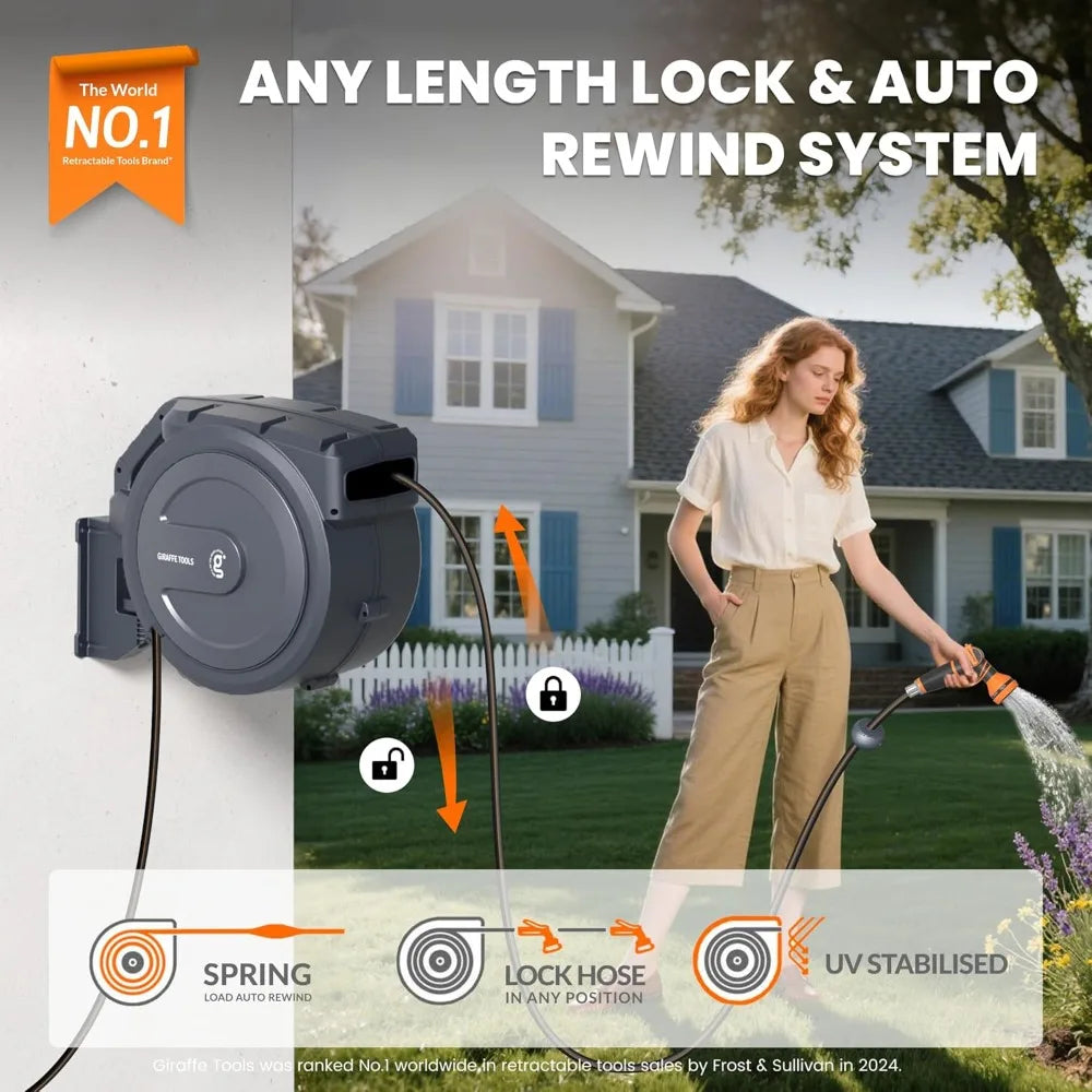 Retractable Garden Hose Reel Wall Mounted Lock At Any Length