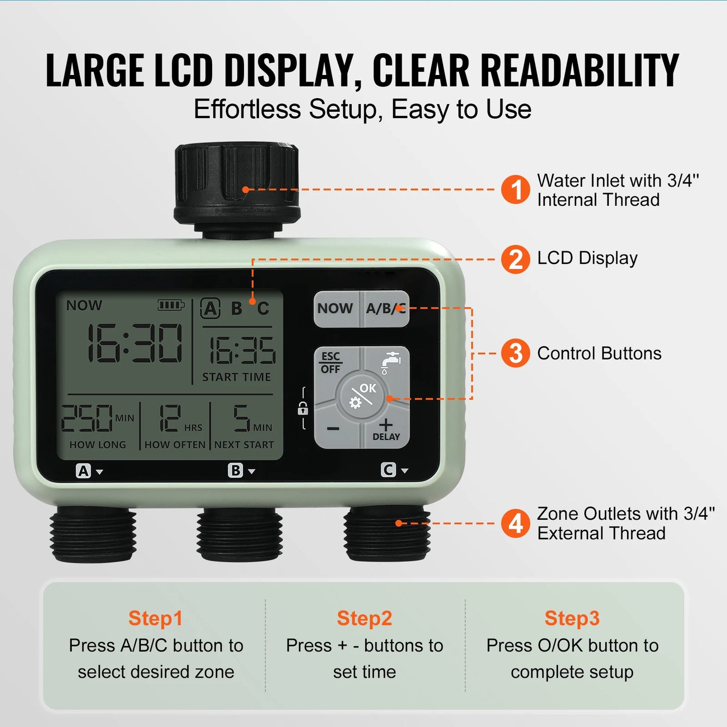 SucceBuy 3 Outlet Water Timer With LCD Display And Rain Delay