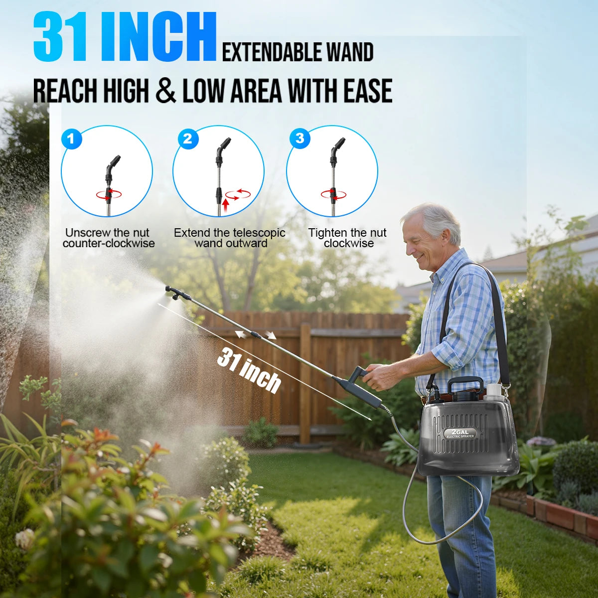 Battery Powered Garden Sprayer With Three Pressure Levels Extendable Wand