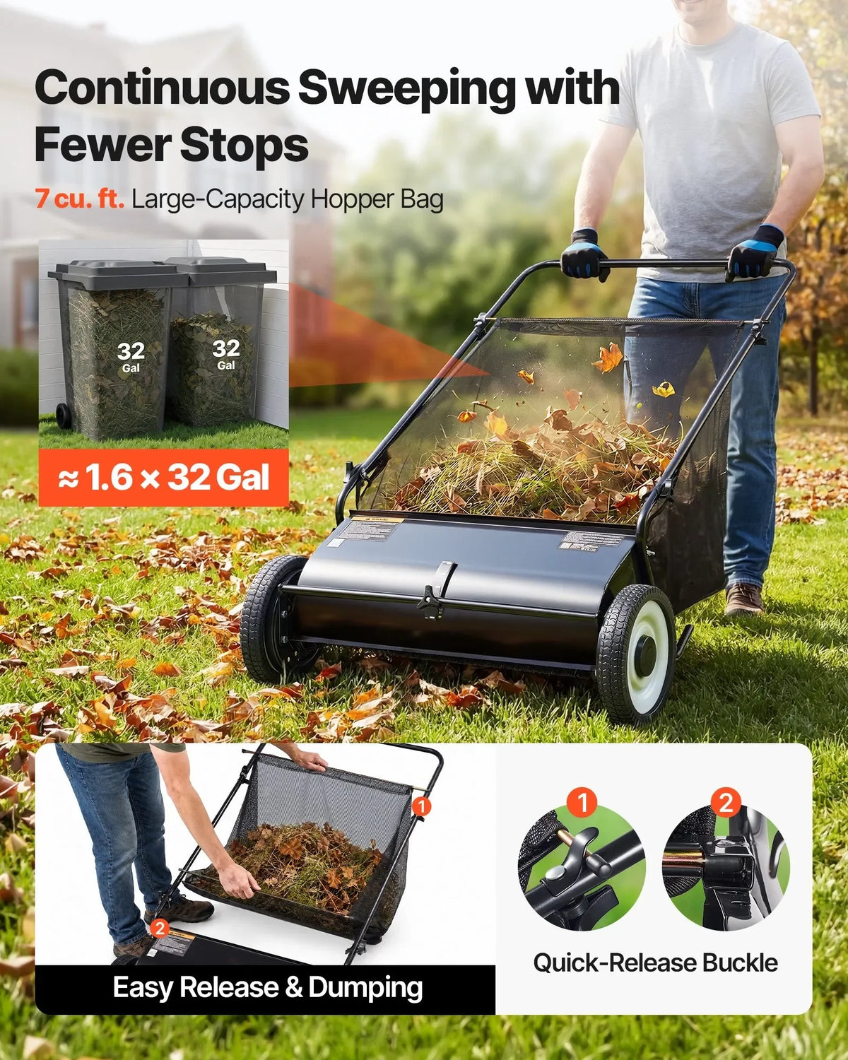 Push Lawn Sweeper Leaf and Grass Collector with Four Brushes - Parry's Picks