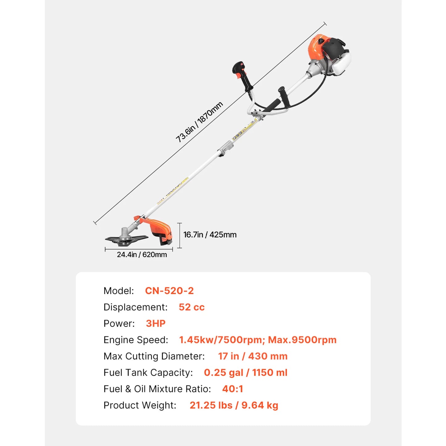 Cordless Gas Powered Trimmer 26/43/52cc with Shoulder Strap