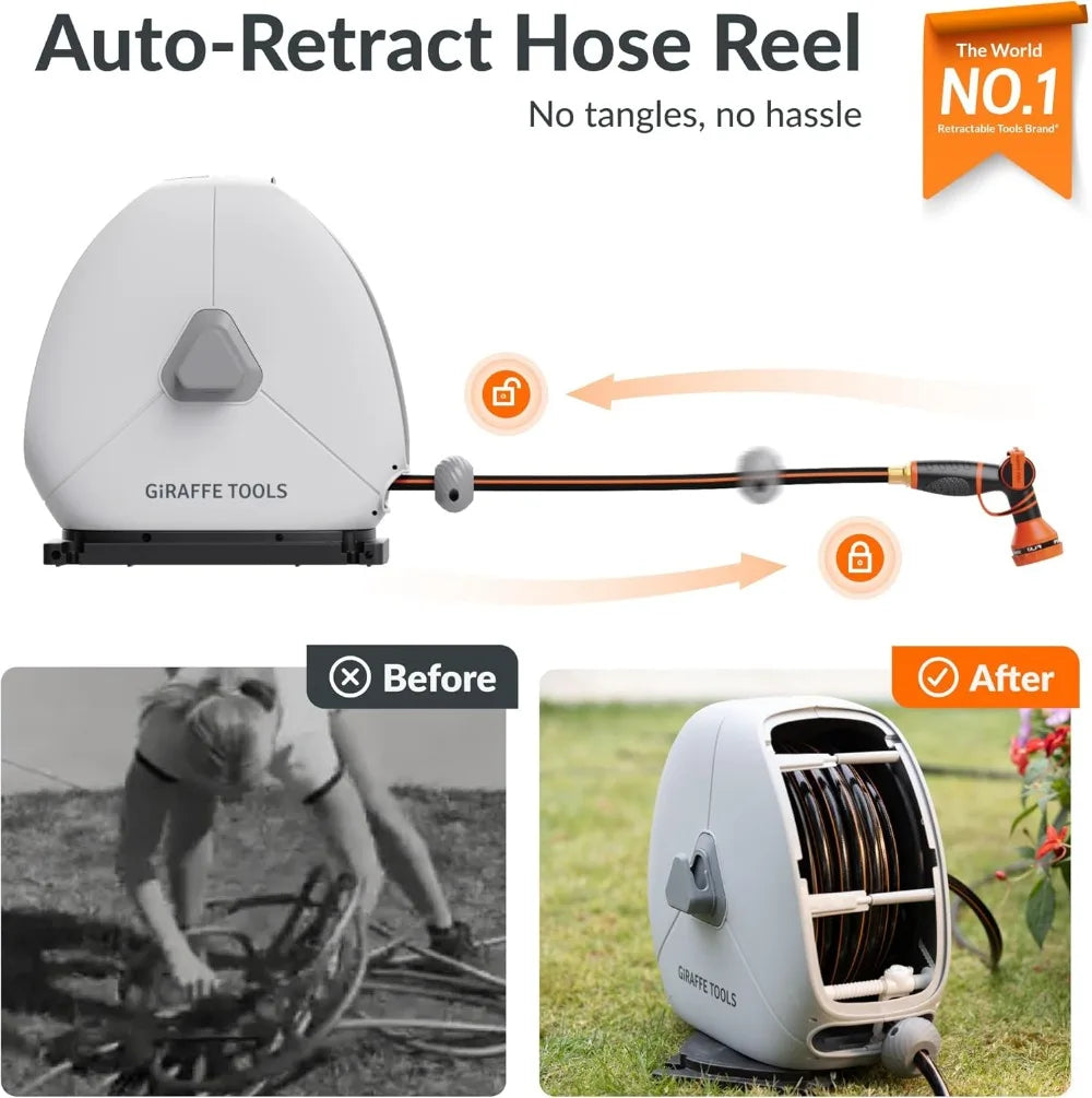 Retractable Garden Hose Reel Auto Rewind Ground Mount 360 Swivel