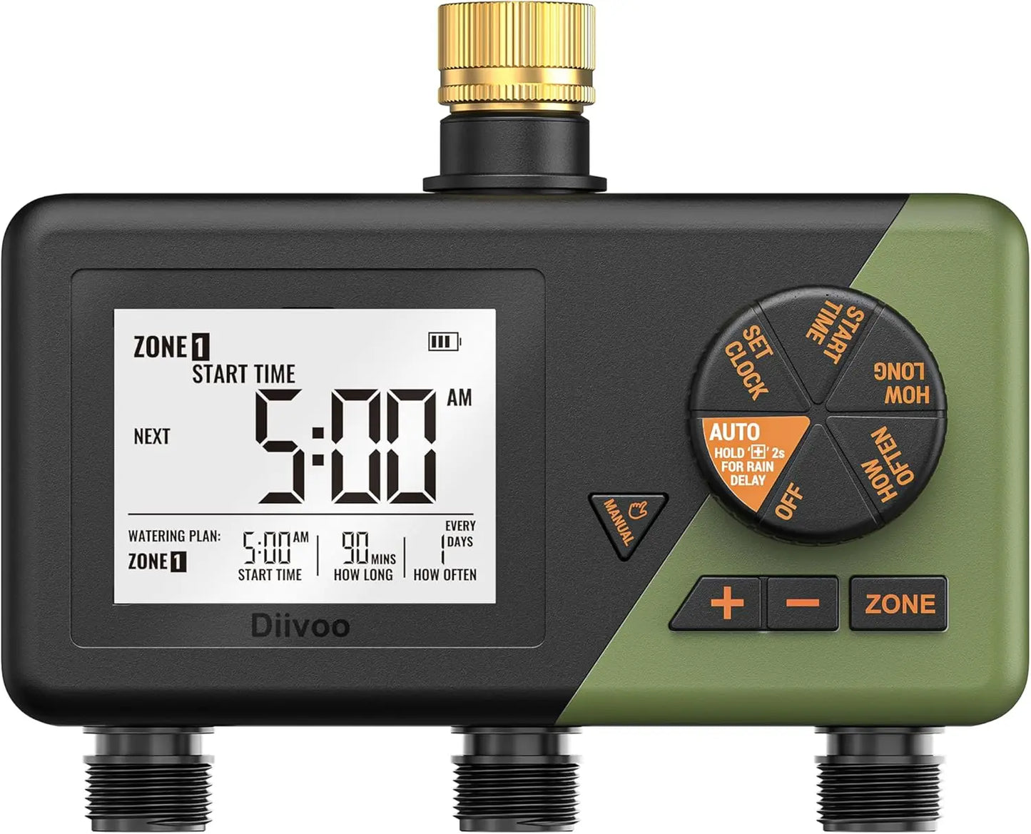 Diivoo 3 Zone Garden Water Timer Brass Inlets Programmable Irrigation