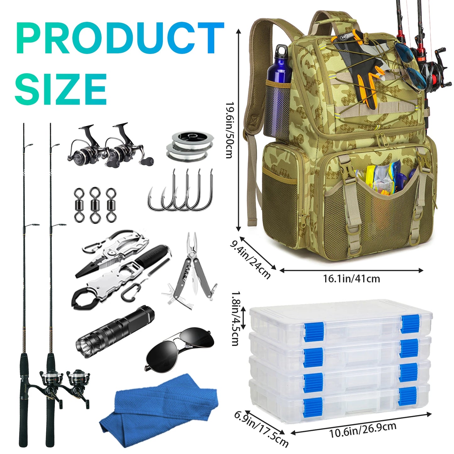 Fishing Backpack Cooler Tackle Bag With Rod Holders Rain Cover