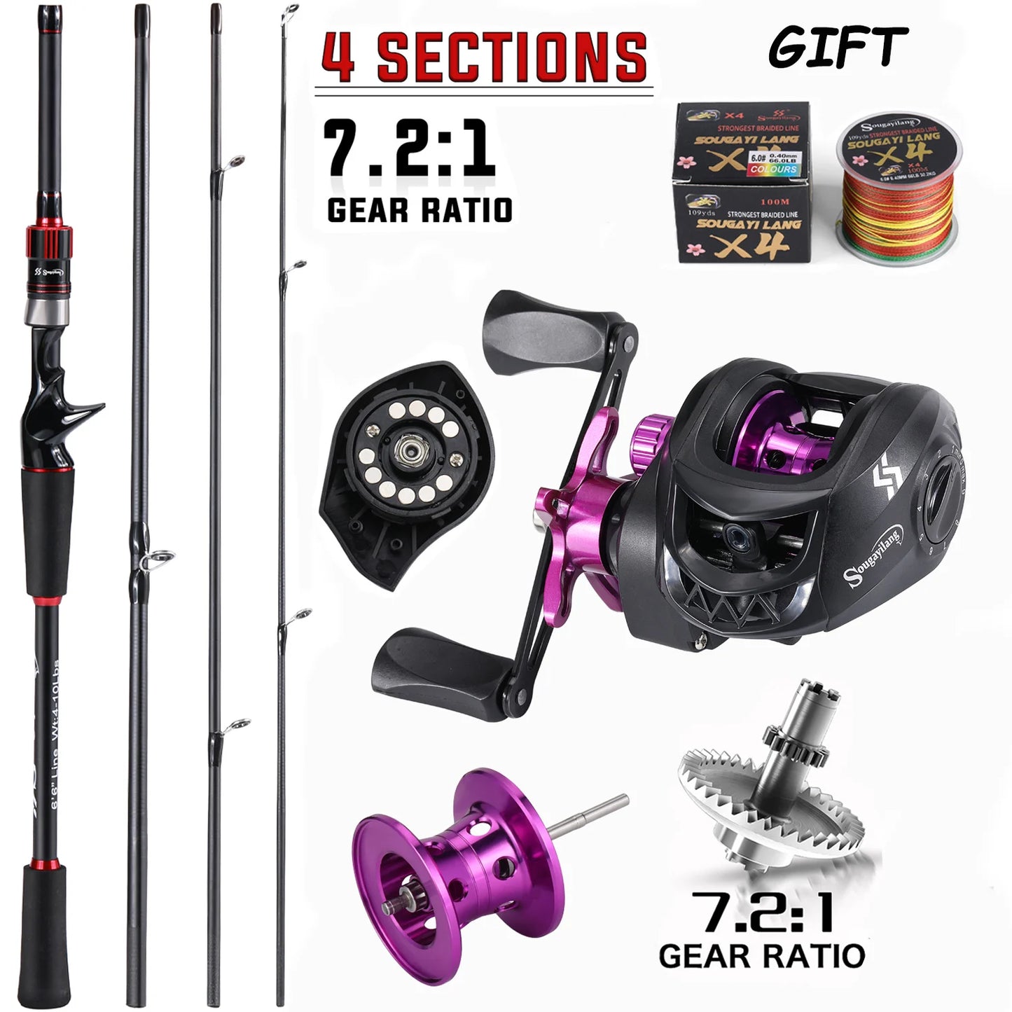 Sougayilang Fishing Rod And Reel Combo Carbon Fiber Casting 7.2:1