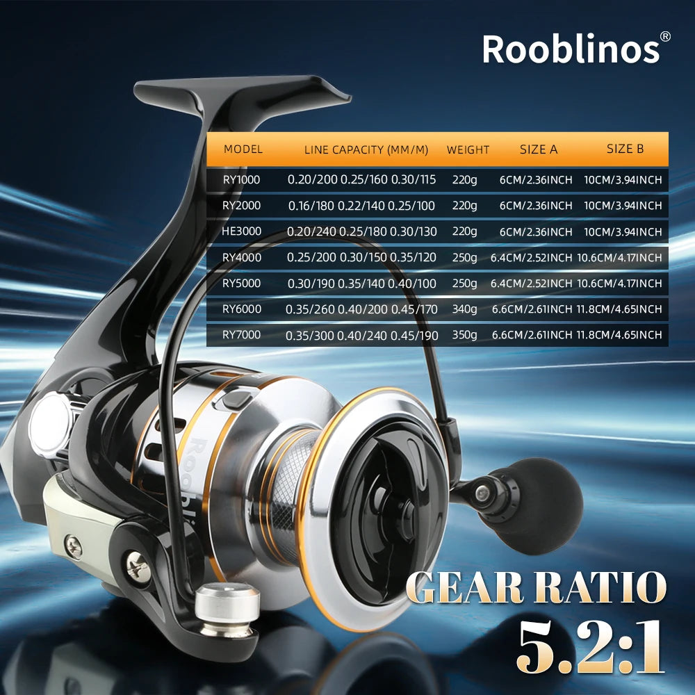 Rooblinos RY Spinning Reel 5.2:1 Gear Ratio CNC Aluminum Spool