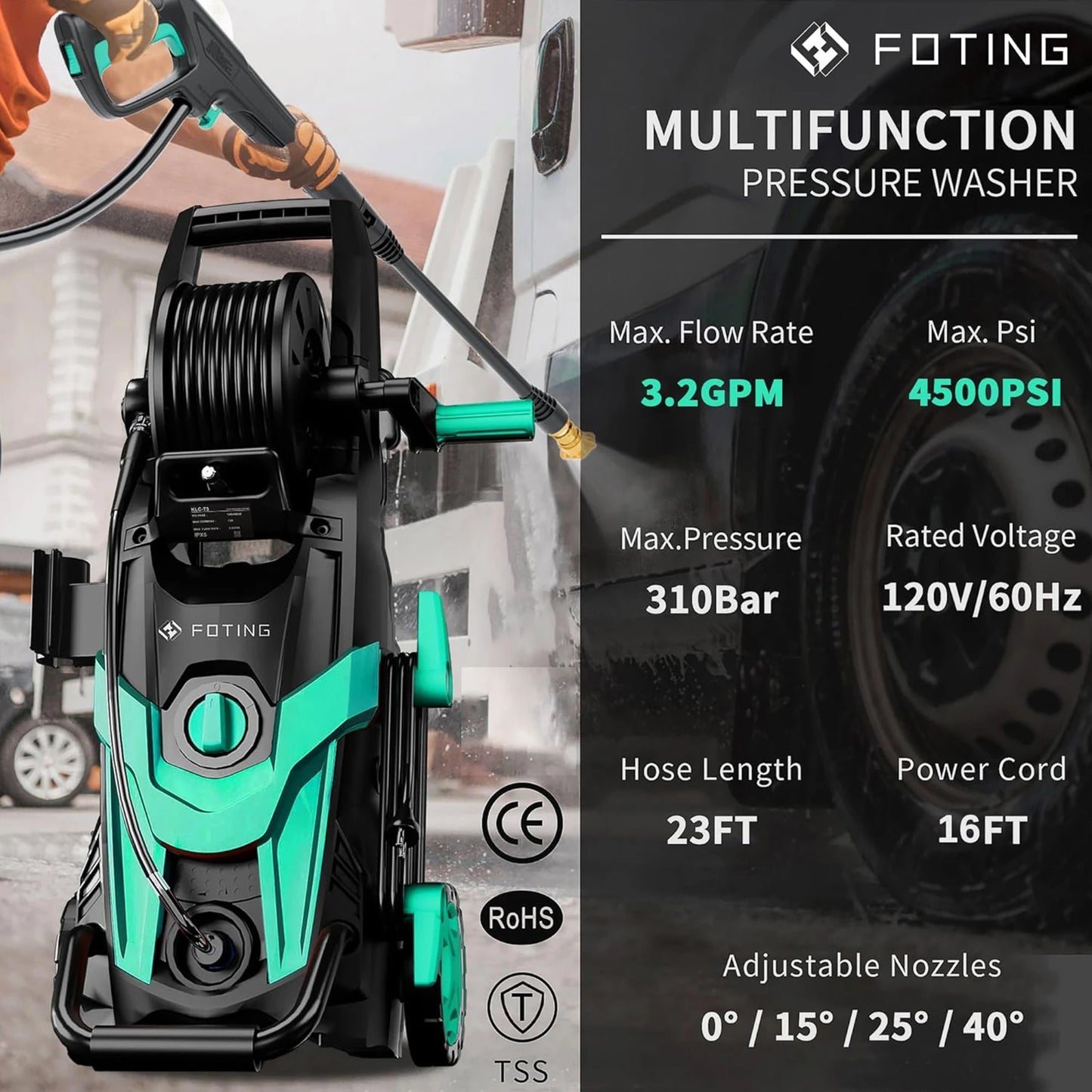 FF FOTING 4500 PSI Electric Pressure Washer With 4 Nozzles