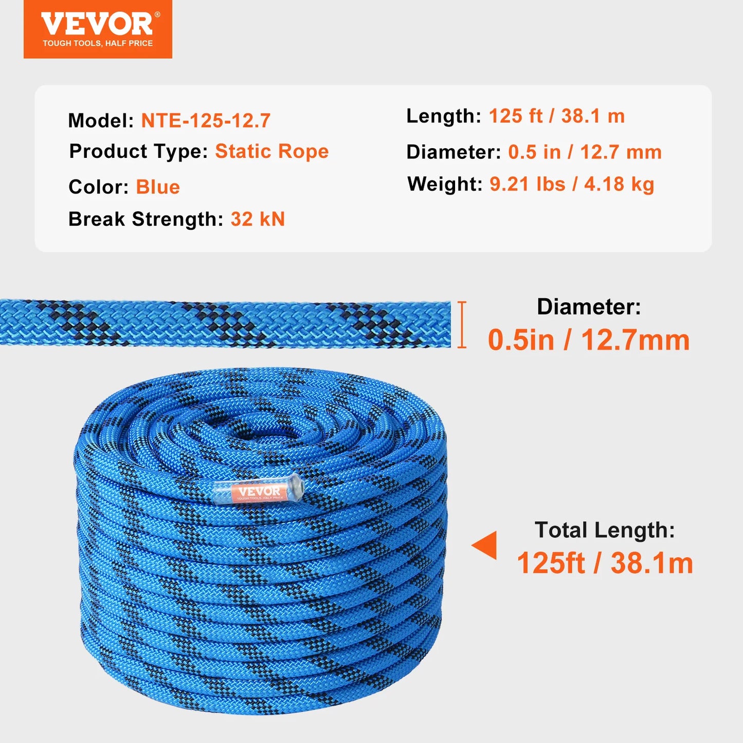 VEVOR Static Climbing Rope 32 KN Break Strength Outdoor Use