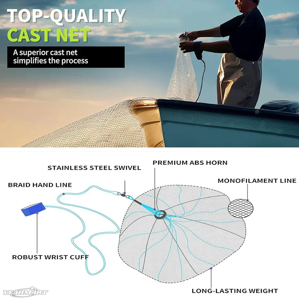 Saltwater Cast Net For Bait Fishing With Heavy Duty Zinc Sinker