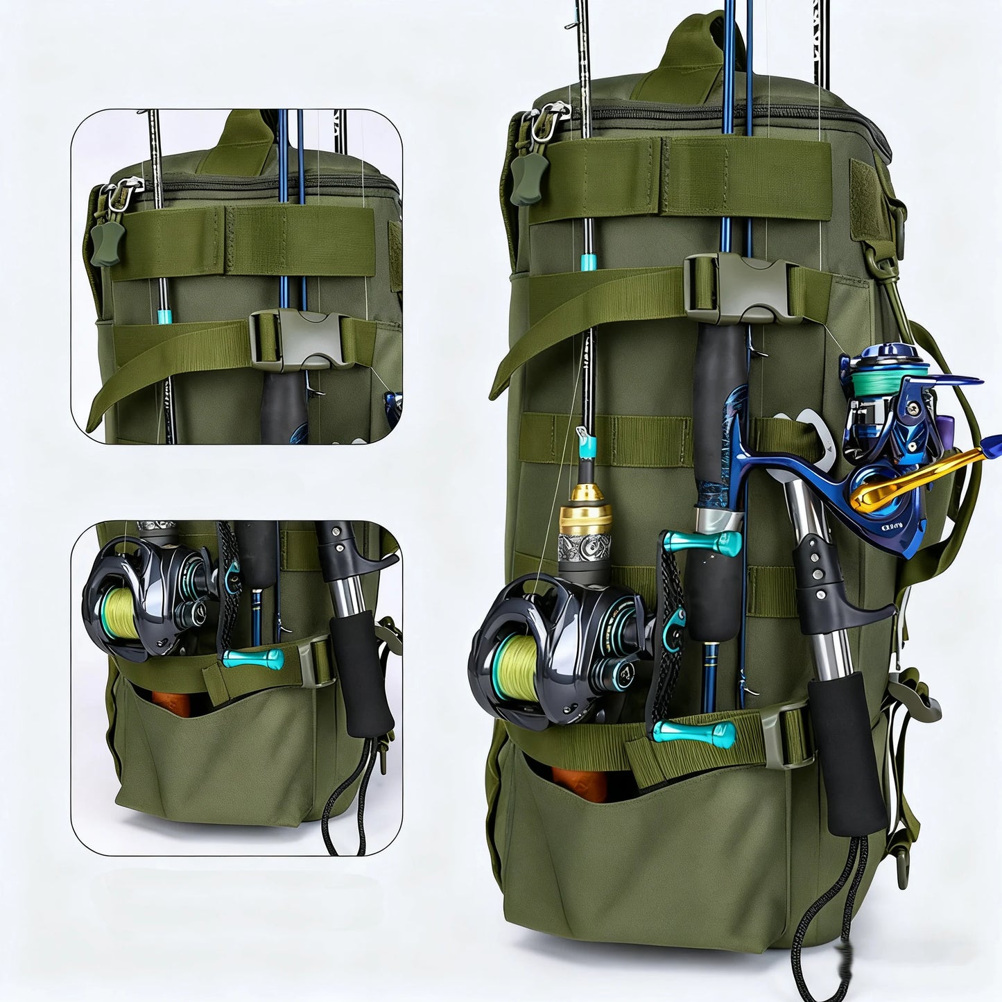 Multifunctional Fishing Backpack Tackle Bag With Rod Holders Waterproof Nylon