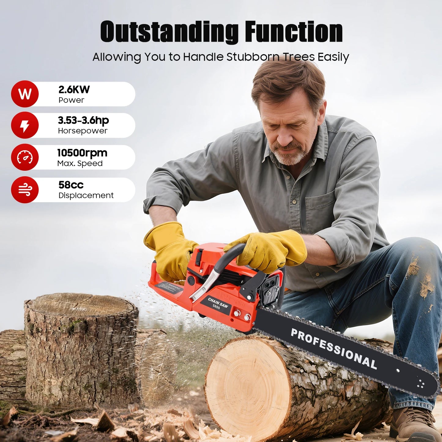 Gas Chainsaw Two Stroke High Performance Saw Wood Cutting Pruning