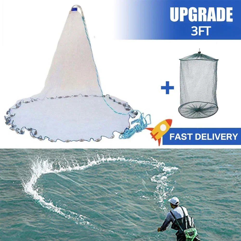 Saltwater Cast Net For Bait Fishing With Heavy Duty Zinc Sinker