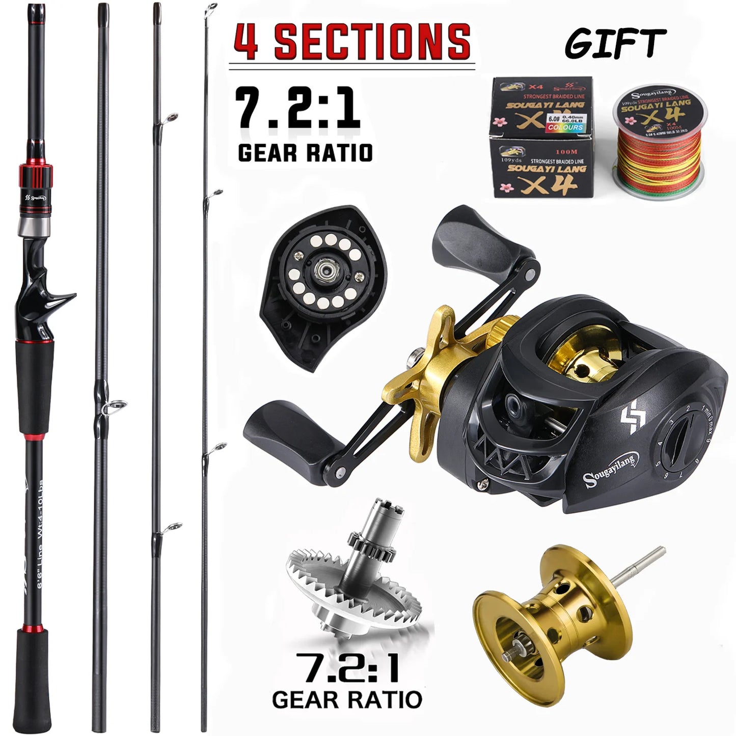 Sougayilang Fishing Rod And Reel Combo Carbon Fiber Casting 7.2:1