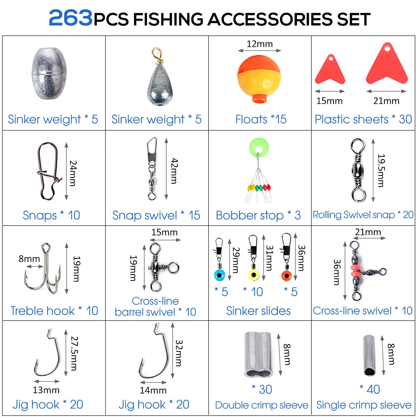 Docooler 263Pcs Fishing Accessories Set With Tackle Box Plier Jig Hooks Swivels