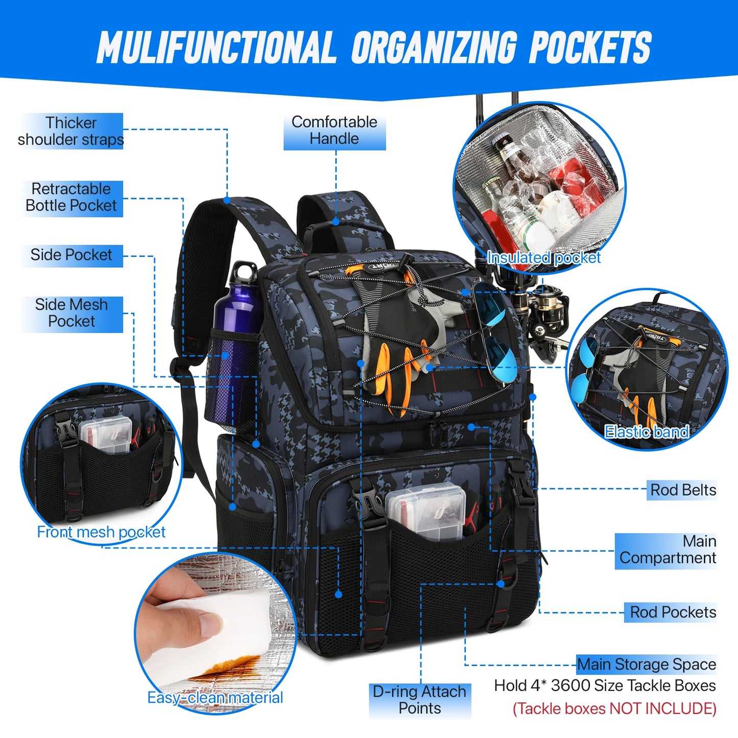 Fishing Backpack Cooler Tackle Bag With Rod Holders Rain Cover