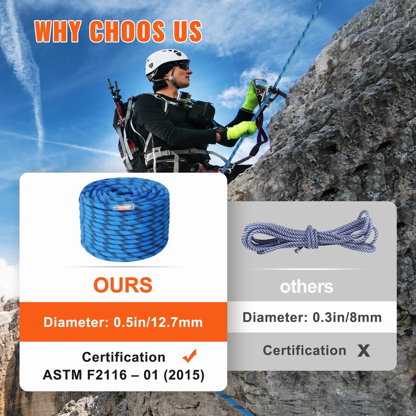 VEVOR Static Climbing Rope 32 KN Break Strength Outdoor Use