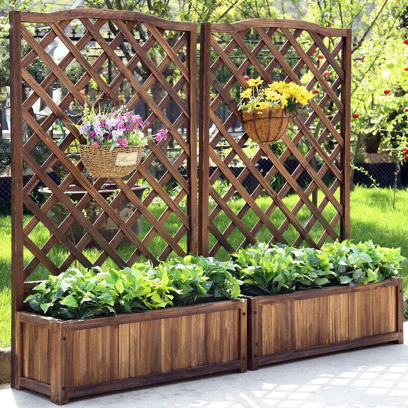 Raised Wooden Garden Bed With Trellis Planter Box For Vegetables