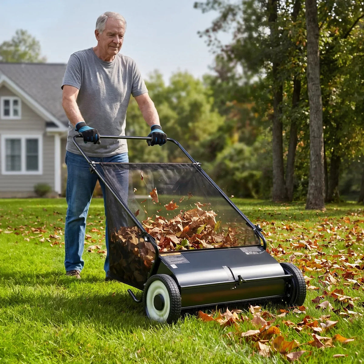 Push Lawn Sweeper Leaf and Grass Collector with Four Brushes - Parry's Picks