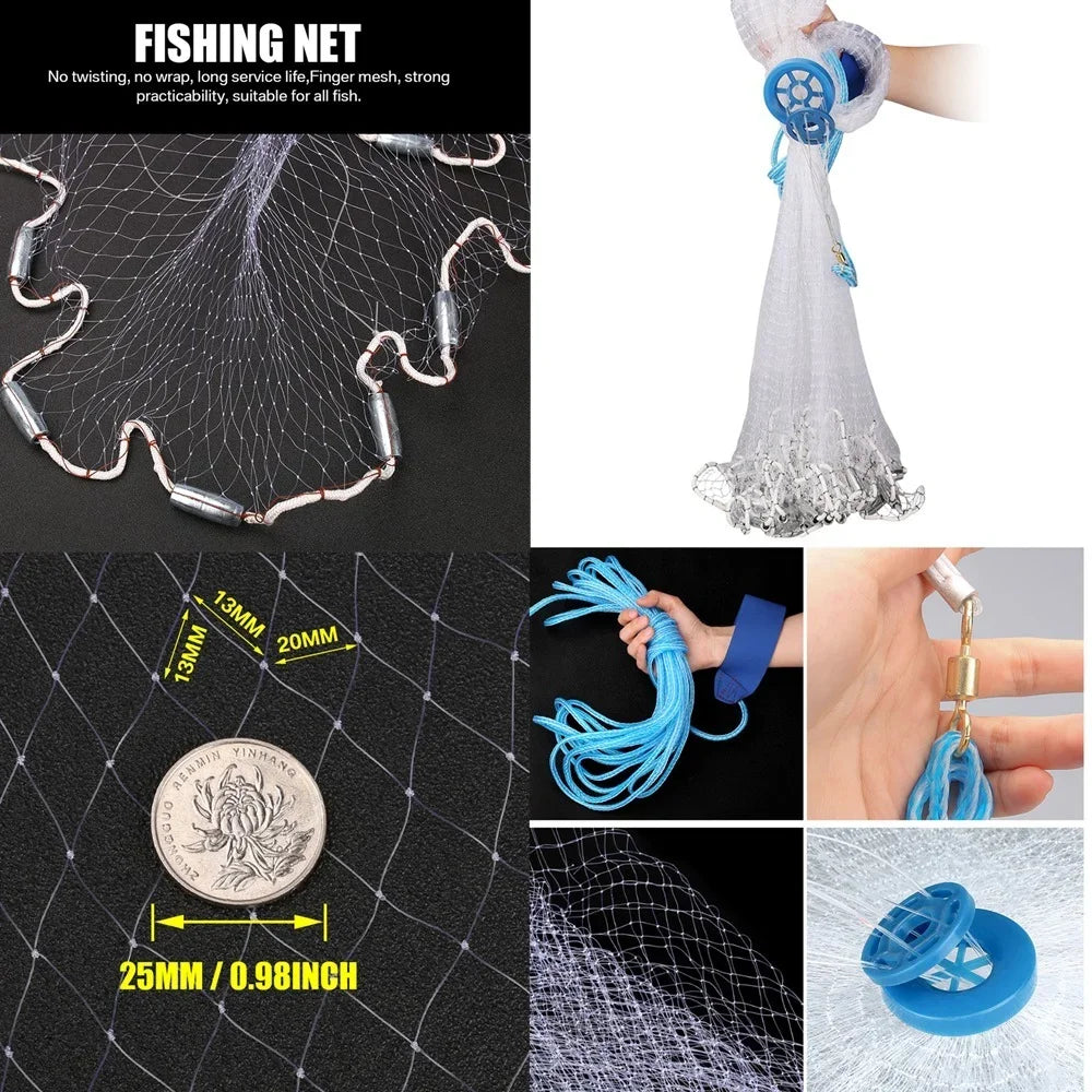 Saltwater Cast Net For Bait Fishing With Heavy Duty Zinc Sinker
