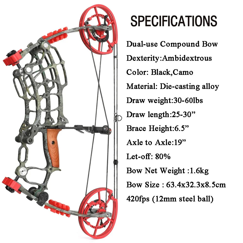 Right Hand Compound Bow Dual Use 30-60lbs 420FPS Let Off 80 Percent