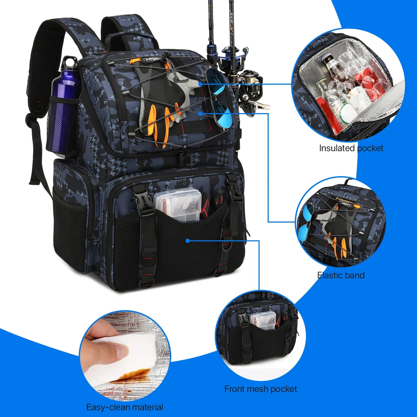 Fishing Backpack Tackle Bag With Rod Holders And Rain Cover