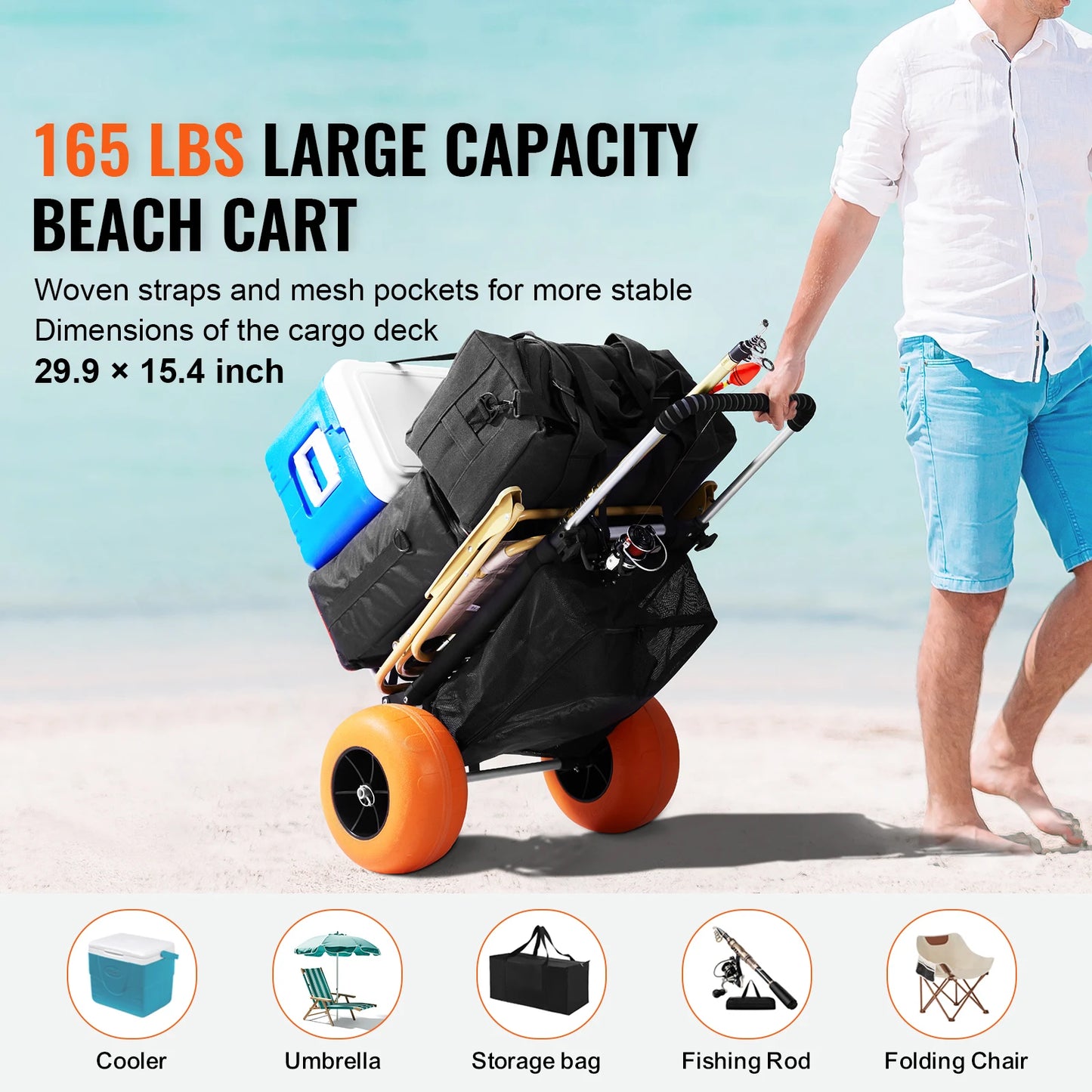 SucceBuy Beach Dolly With Big Wheels For Sand 165LBS Folding Cart With Cargo Deck