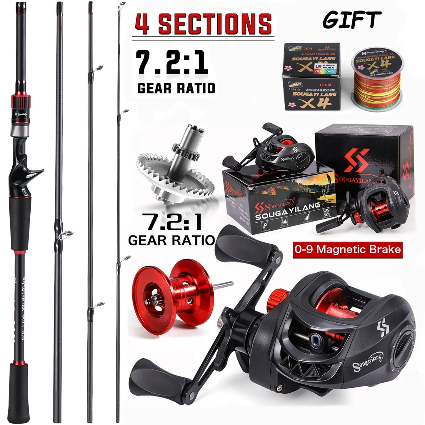 Sougayilang Fishing Rod And Reel Combo Carbon Fiber Casting 7.2:1