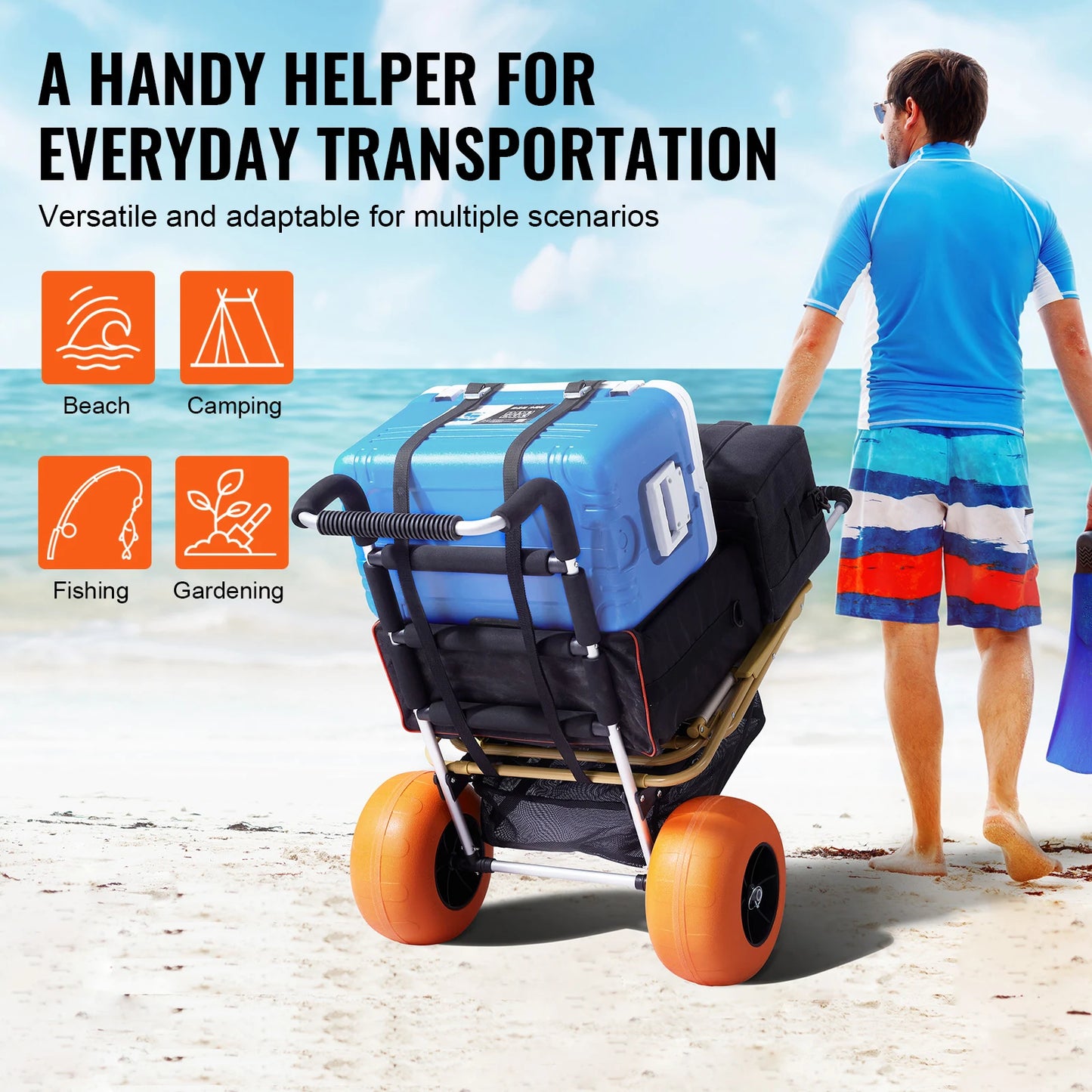 SucceBuy Beach Dolly With Big Wheels For Sand 165LBS Folding Cart With Cargo Deck