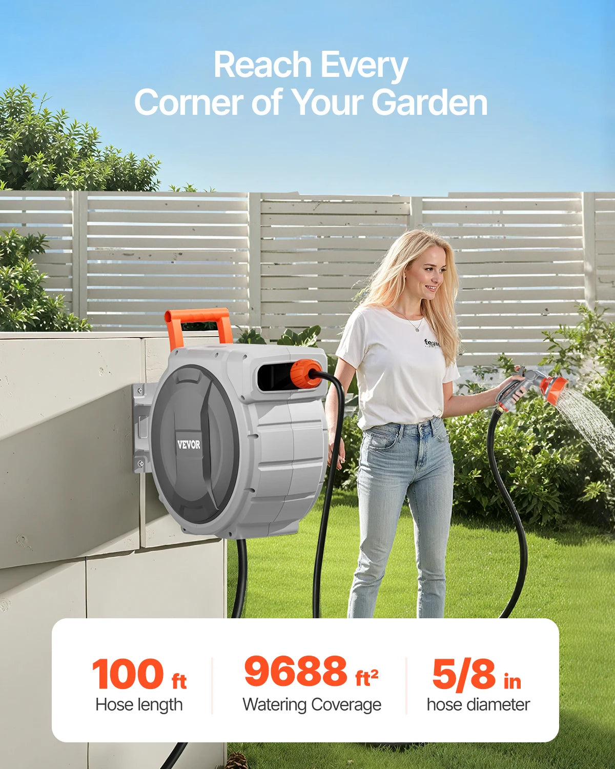 Retractable Garden Hose Reel With Nine Pattern Nozzle Wall Mounted