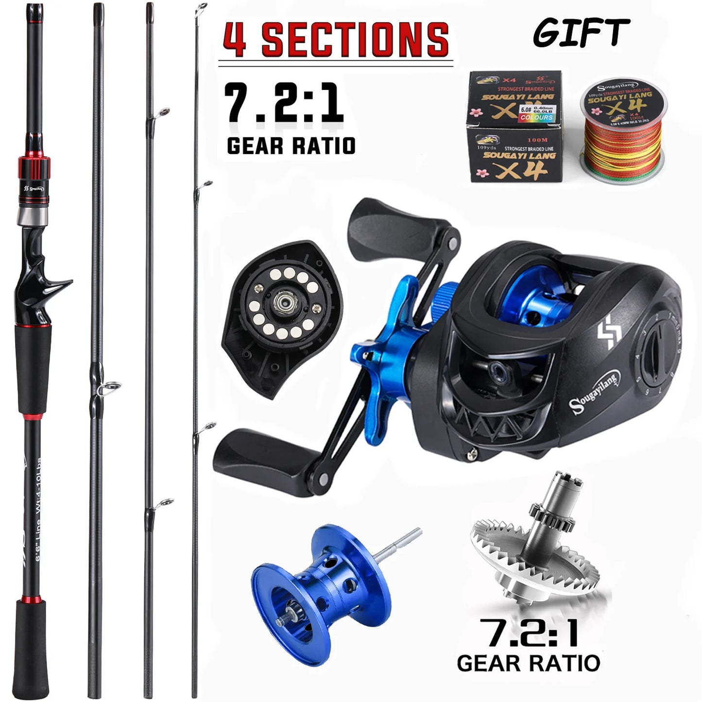 Sougayilang Fishing Rod And Reel Combo Carbon Fiber Casting 7.2:1