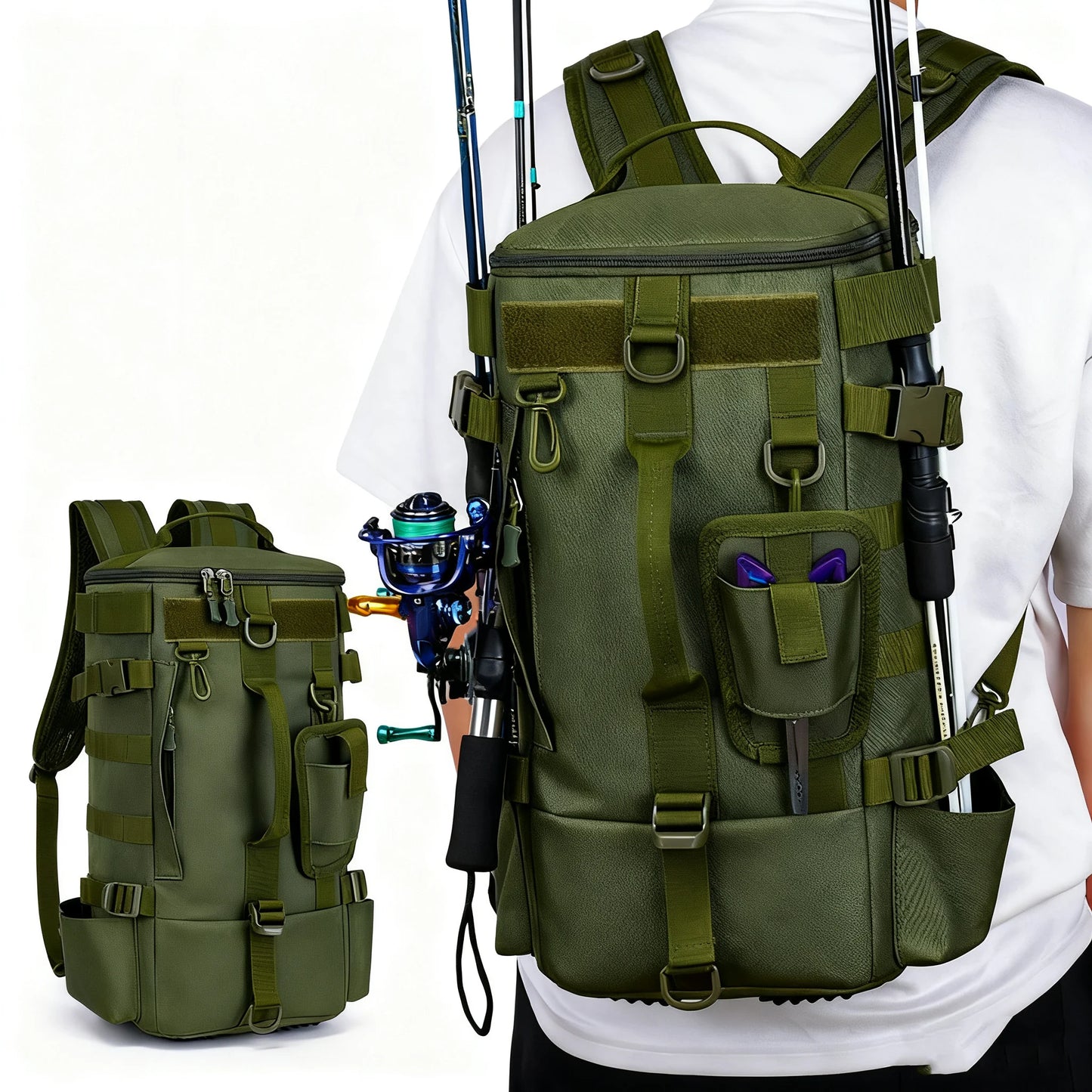 Multifunctional Fishing Backpack Tackle Bag With Rod Holders Waterproof Nylon
