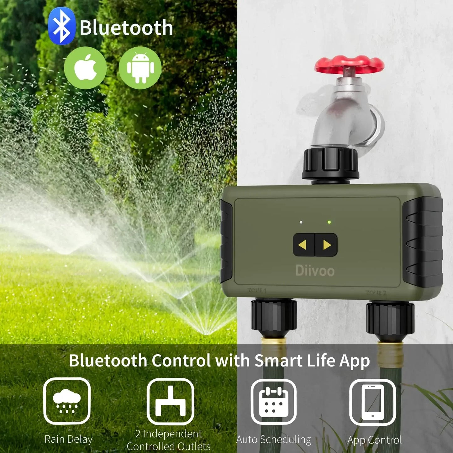 Diivoo Timed Sprinkler Bluetooth Smart Water Timer For Garden Hose 20 Schedules