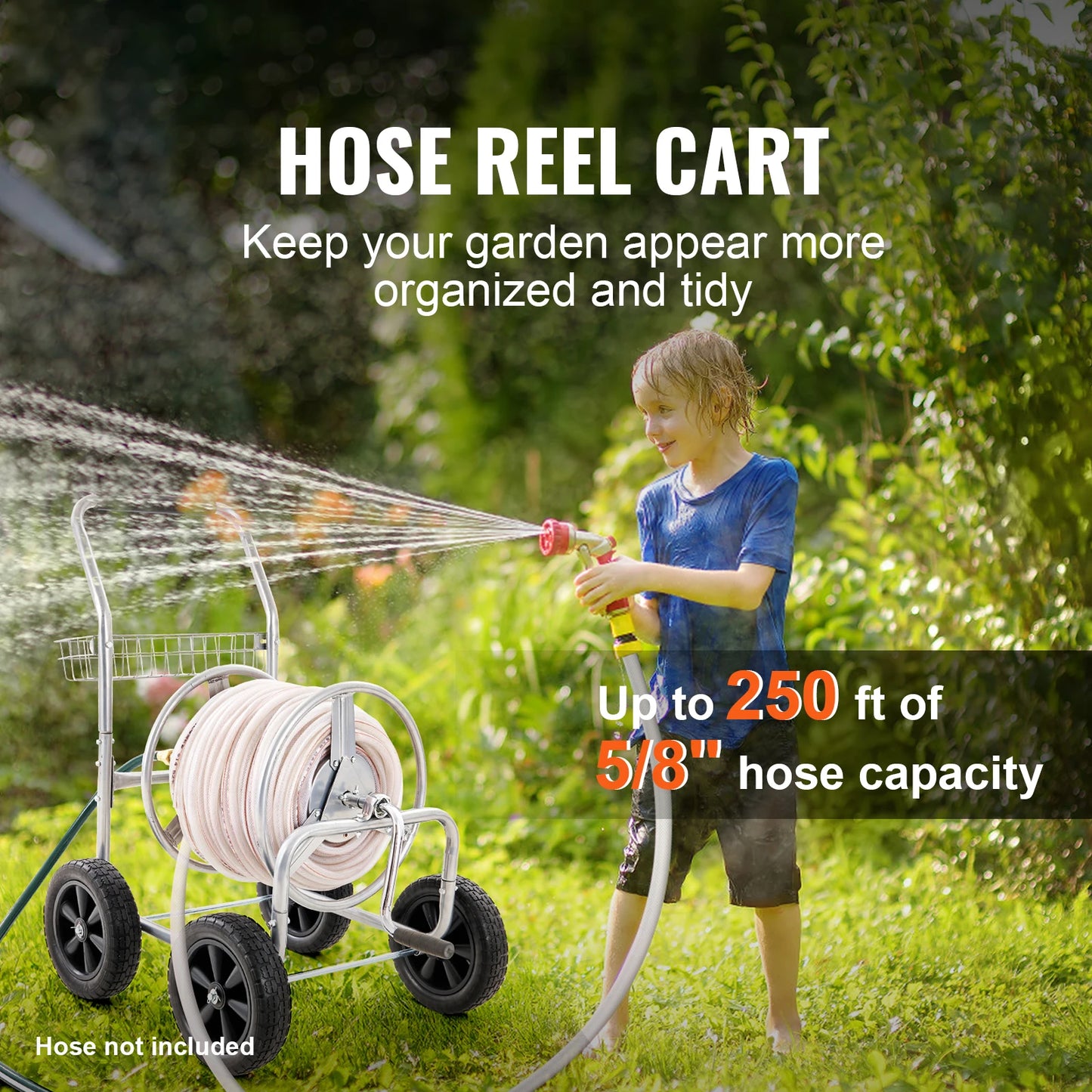 SucceBuy Hose Reel Cart 250ft Heavy Duty Garden Hose Reel With Basket