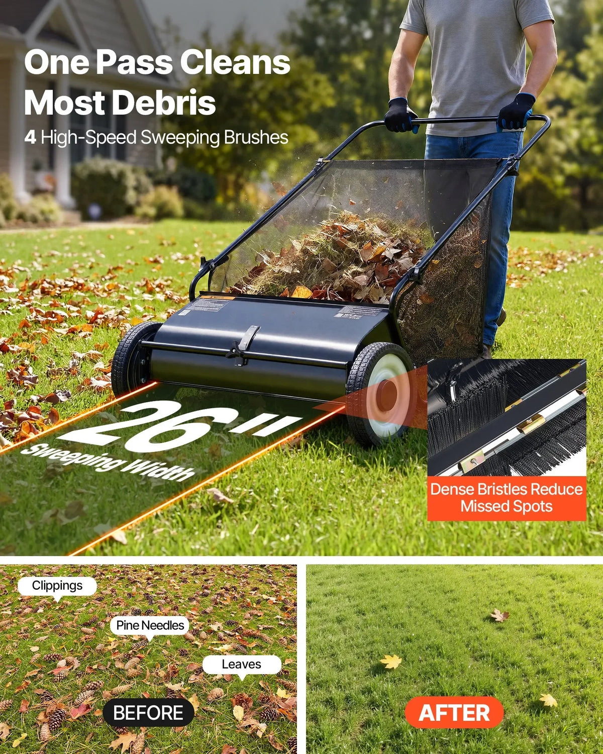 Push Lawn Sweeper Leaf and Grass Collector with Four Brushes - Parry's Picks