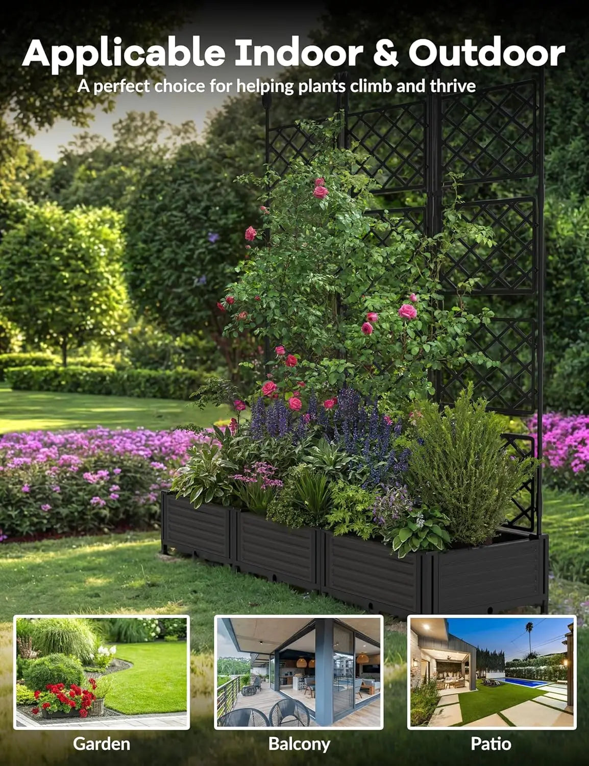 Outdoor Raised Planter Box With Trellis For Climbing Plants And Vegetables