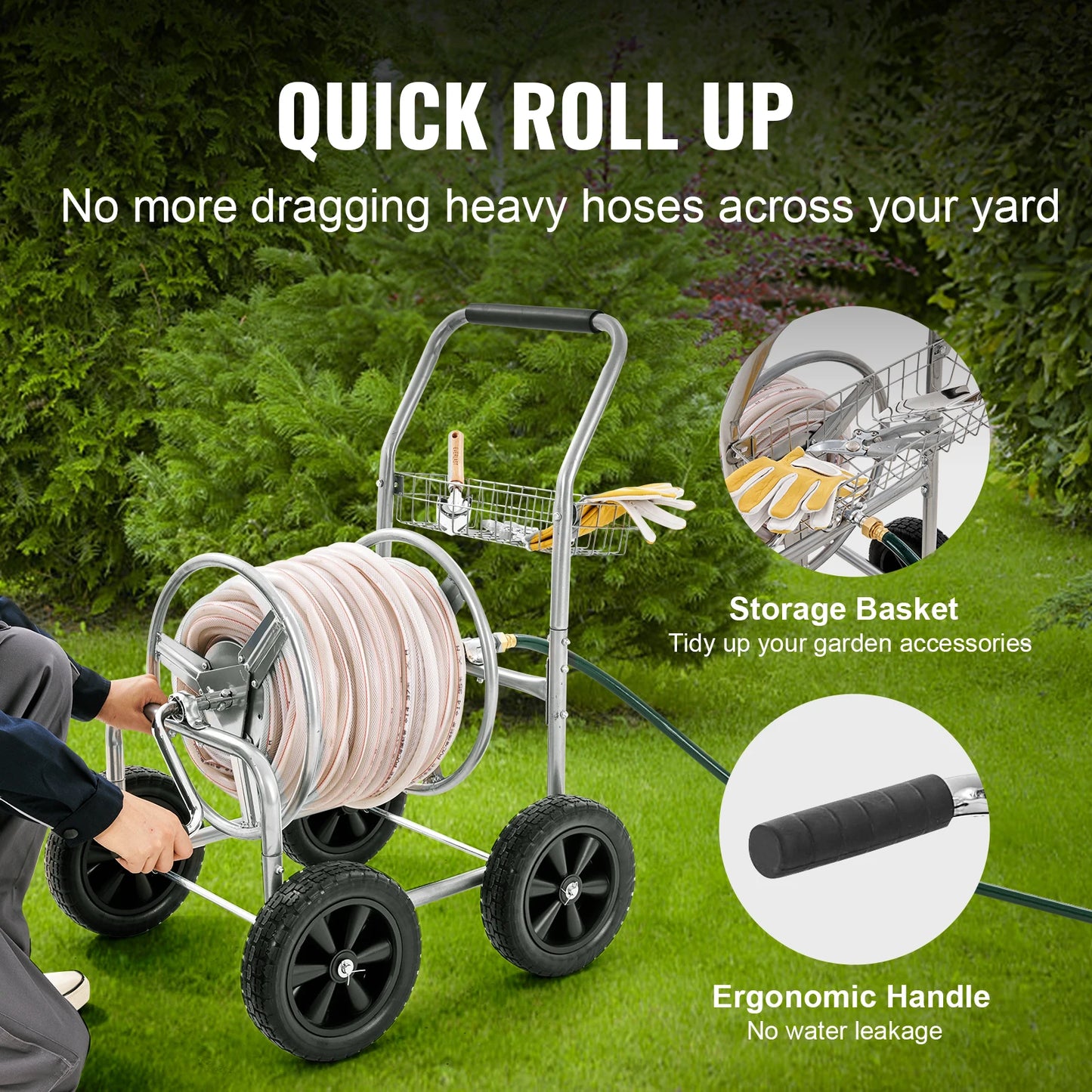 SucceBuy Hose Reel Cart 250ft Heavy Duty Garden Hose Reel With Basket